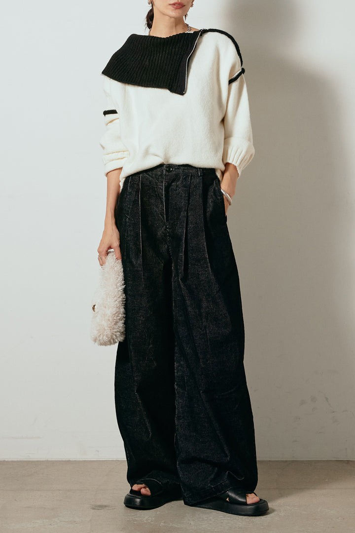 [SET]ハイネックジップデザインニットトップス+フロントタック入りコーデュロイパンツ(2set)