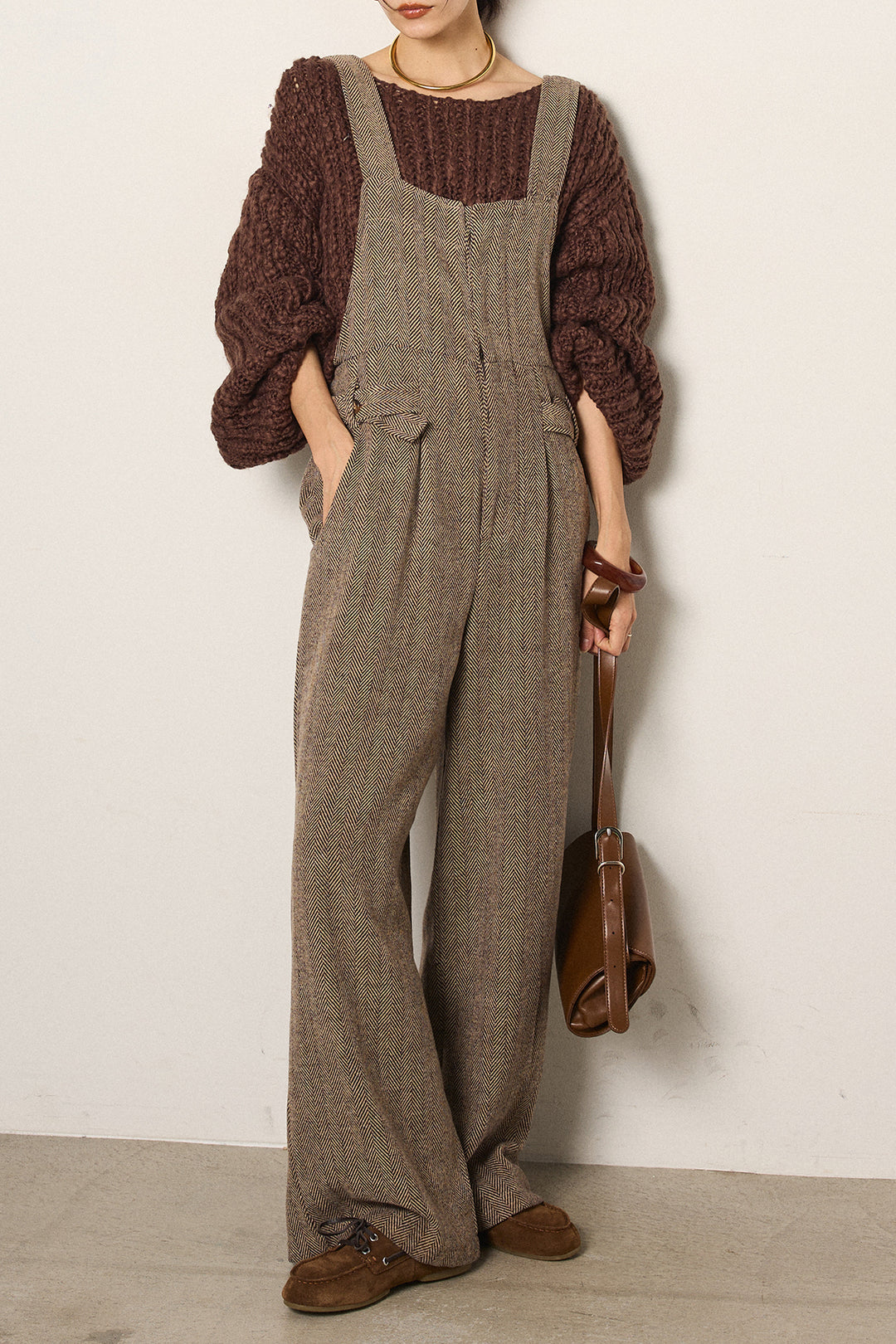 [SET]チャンキースラブニットクロップドプルオーバー+クラシックヘリンボーンサロペット(2set)