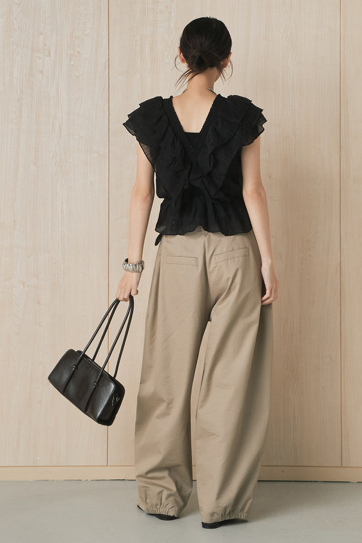 [SET]ネックシャーリングフリルブラウス+サークルバックルベルト付きタックワイドパンツ(2set)