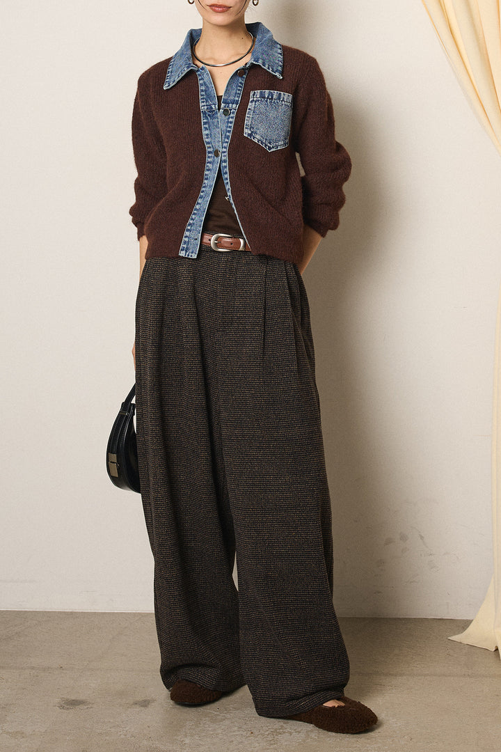 [SET]襟付きデニム切替ニットカーディガン+起毛タック入りツイードワイドパンツ(2set)