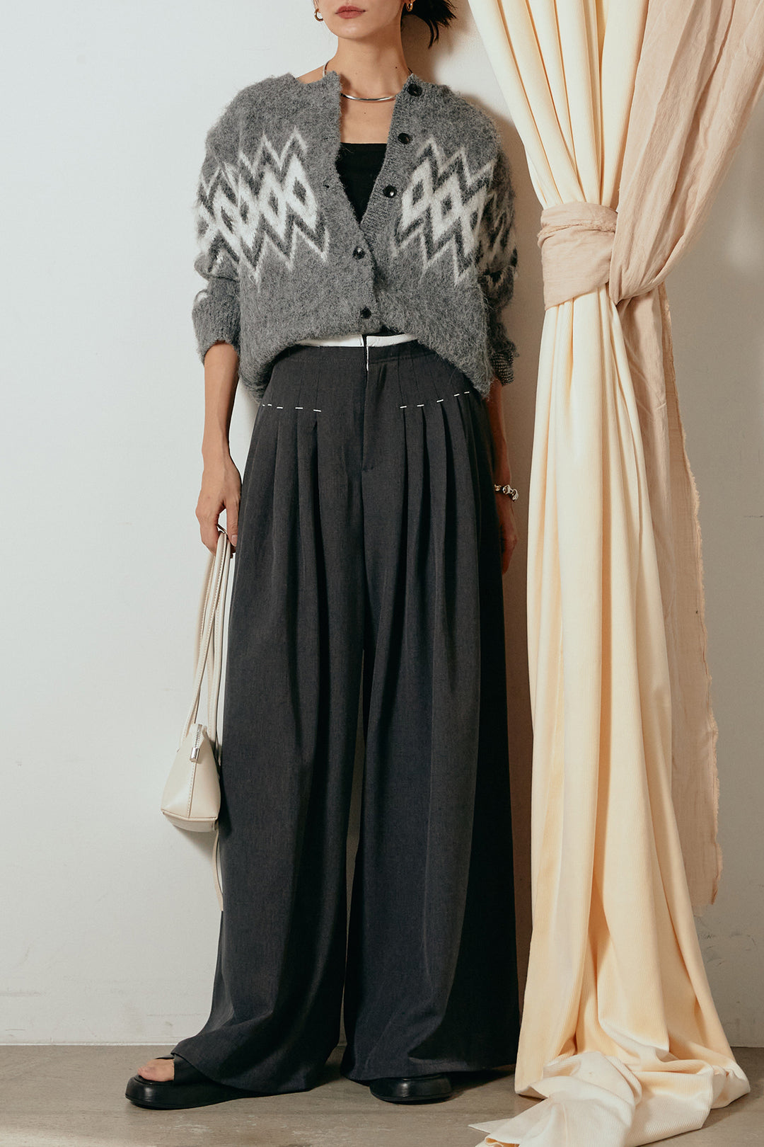 [SET]起毛ノルディック柄ニットカーディガン+ウエストステッチデザインワイドスラックス(2set)