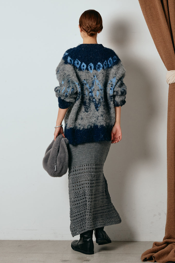 [SET]シャギーニュアンス柄ニットカーディガン+裾透かし編みキャミソールニットワンピース(2set)