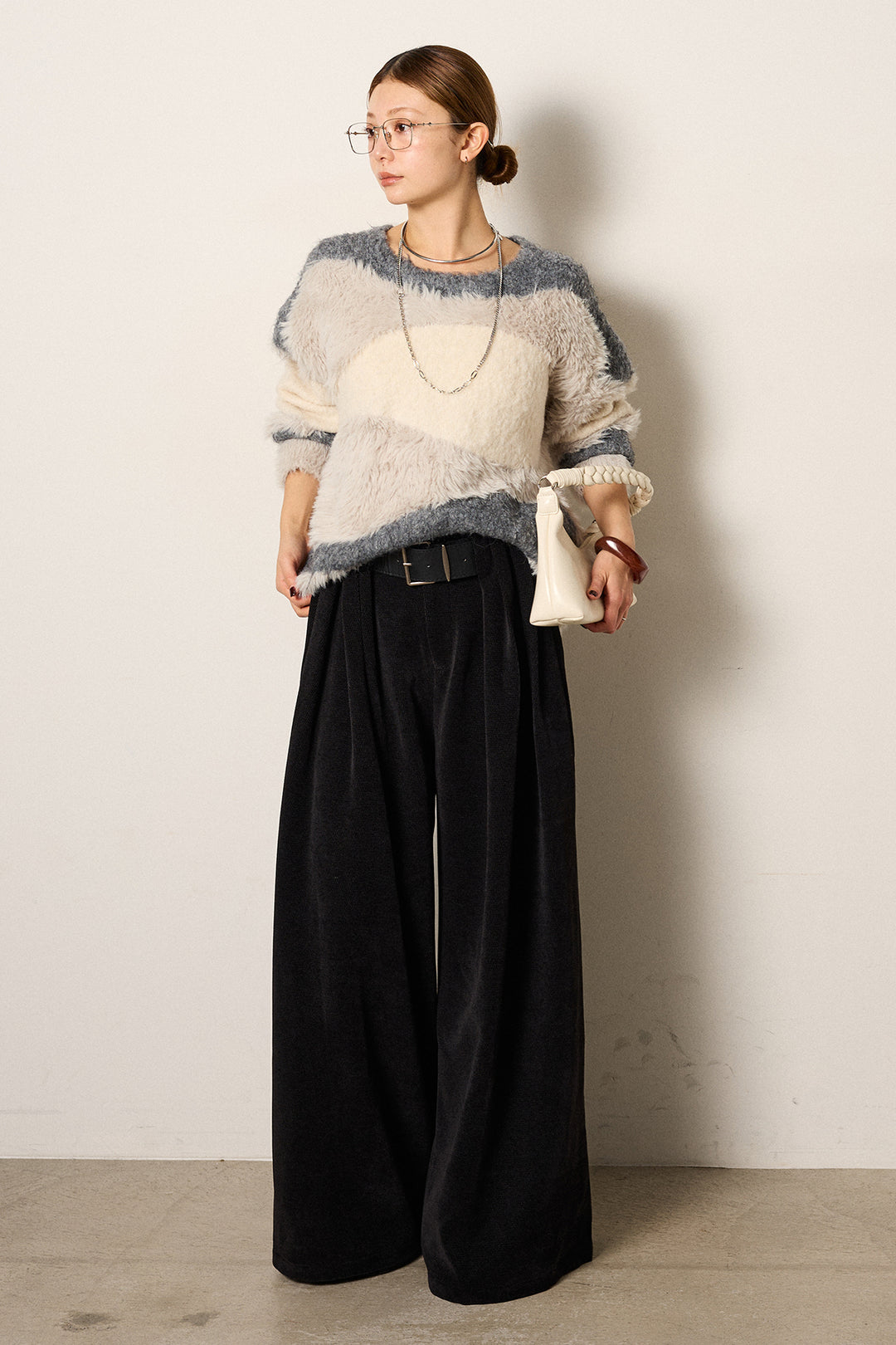 [SET]シャギーウェーブ柄クルーネックニットトップス+ベルトループコーデュロイワイドパンツ(2set)