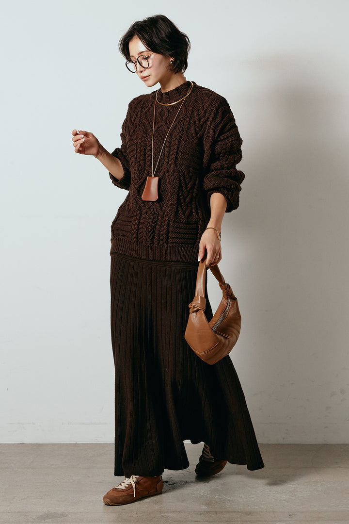 [SET]アラン柄ミックスケーブルニット+編み地切り替えフレアニットスカート(2set)