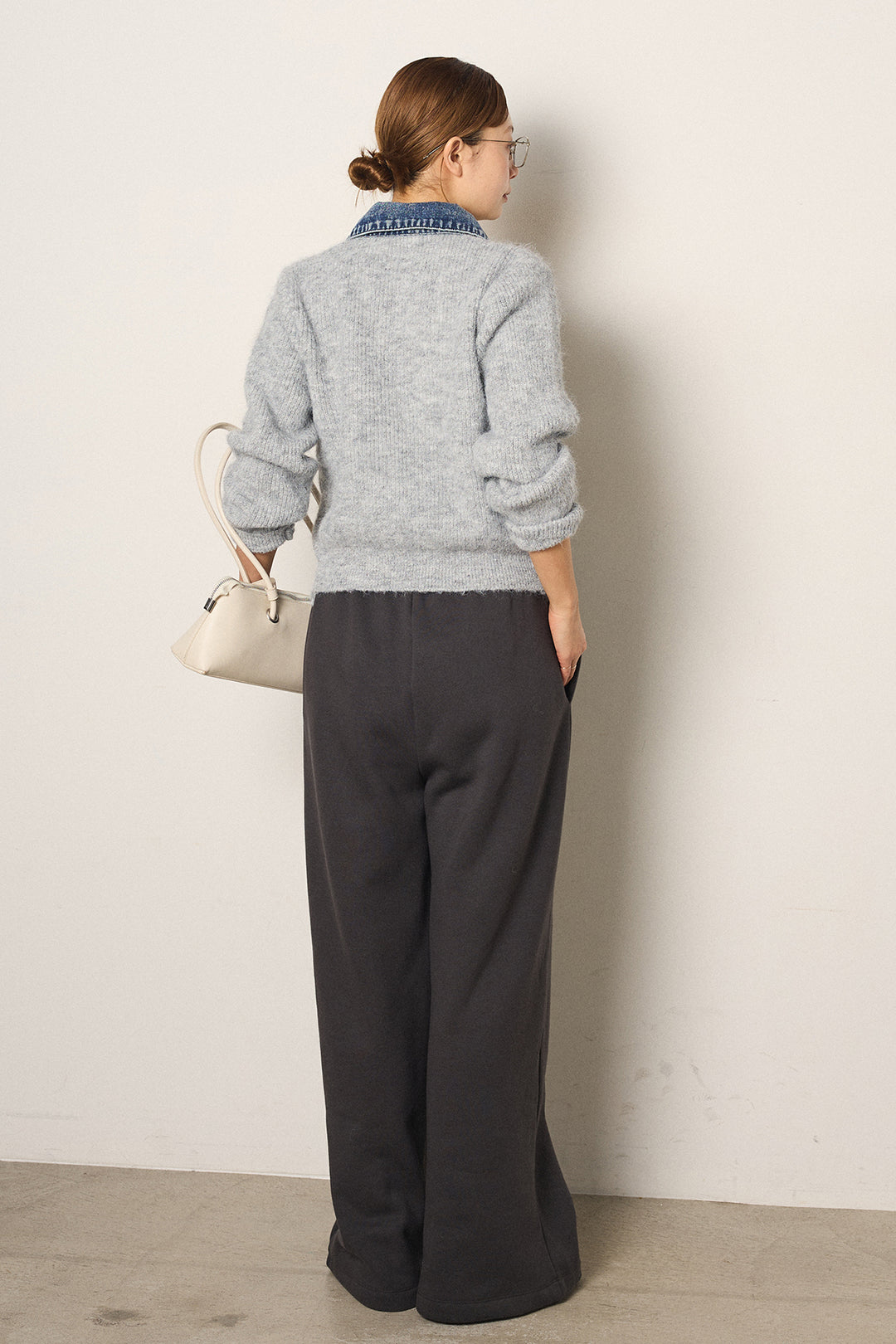 [SET]襟付きデニム切替ニットカーディガン+裏起毛スウェットワイドパンツ(2set)