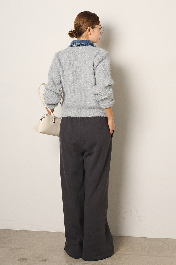 [SET]襟付きデニム切替ニットカーディガン+裏起毛スウェットワイドパンツ(2set)