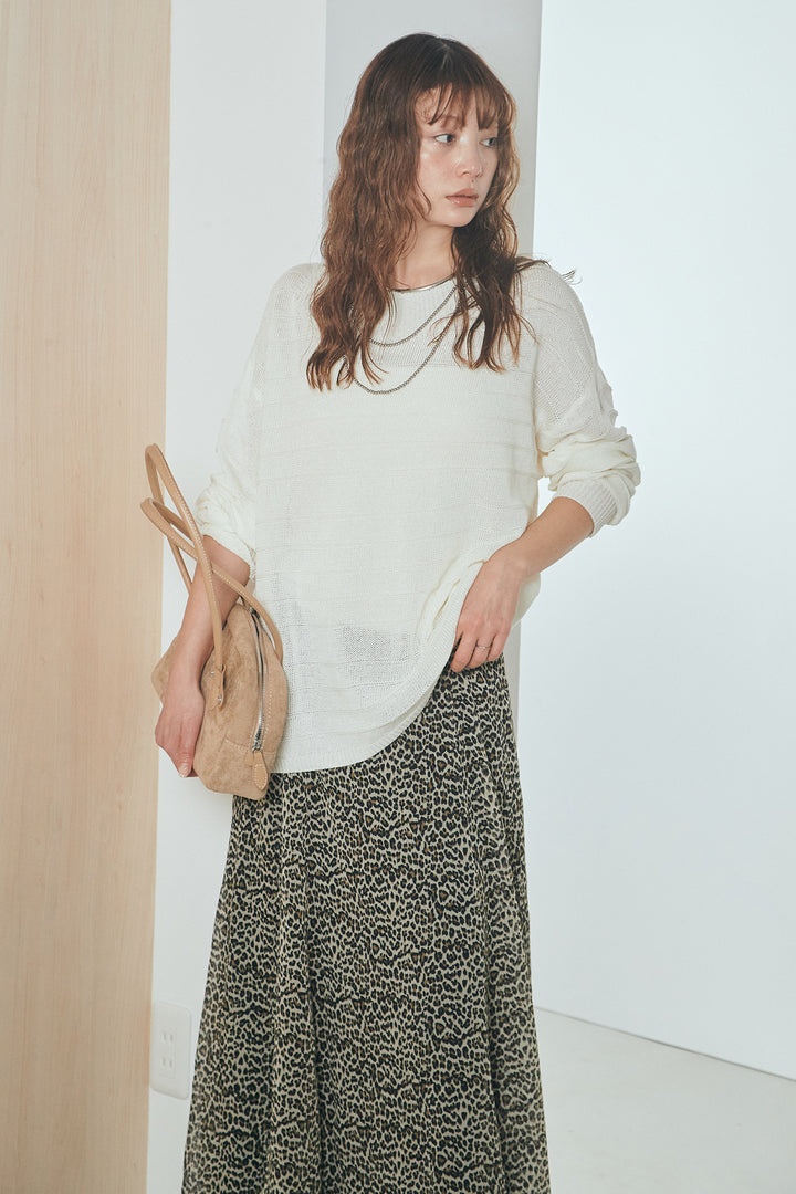 [SET]麻混リラックスニットトップス+リラックスレオパードロングスカート(2set)