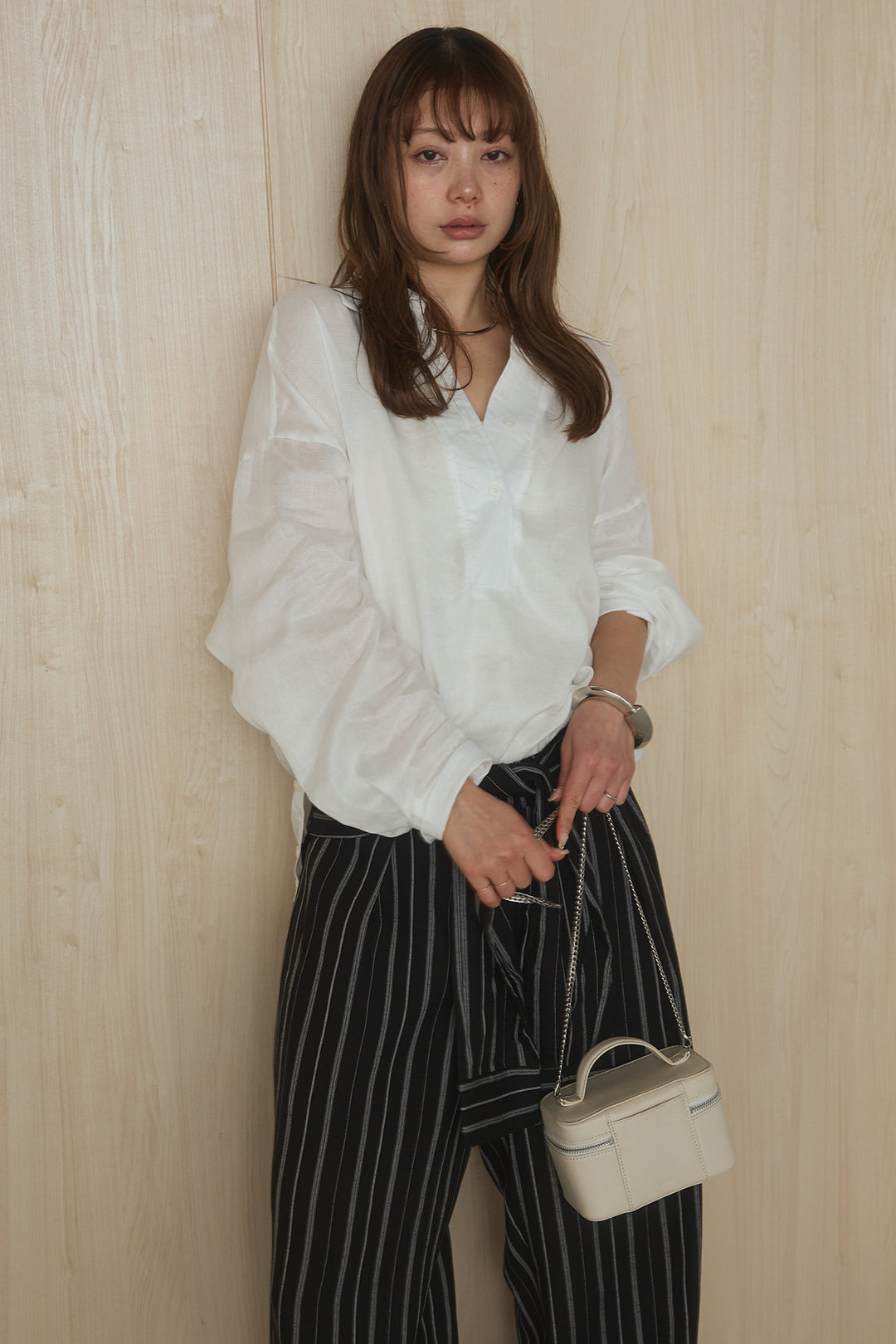 [SET]襟付きボタンブラウス+ウエスト巻きピンストライプパンツ(2set)