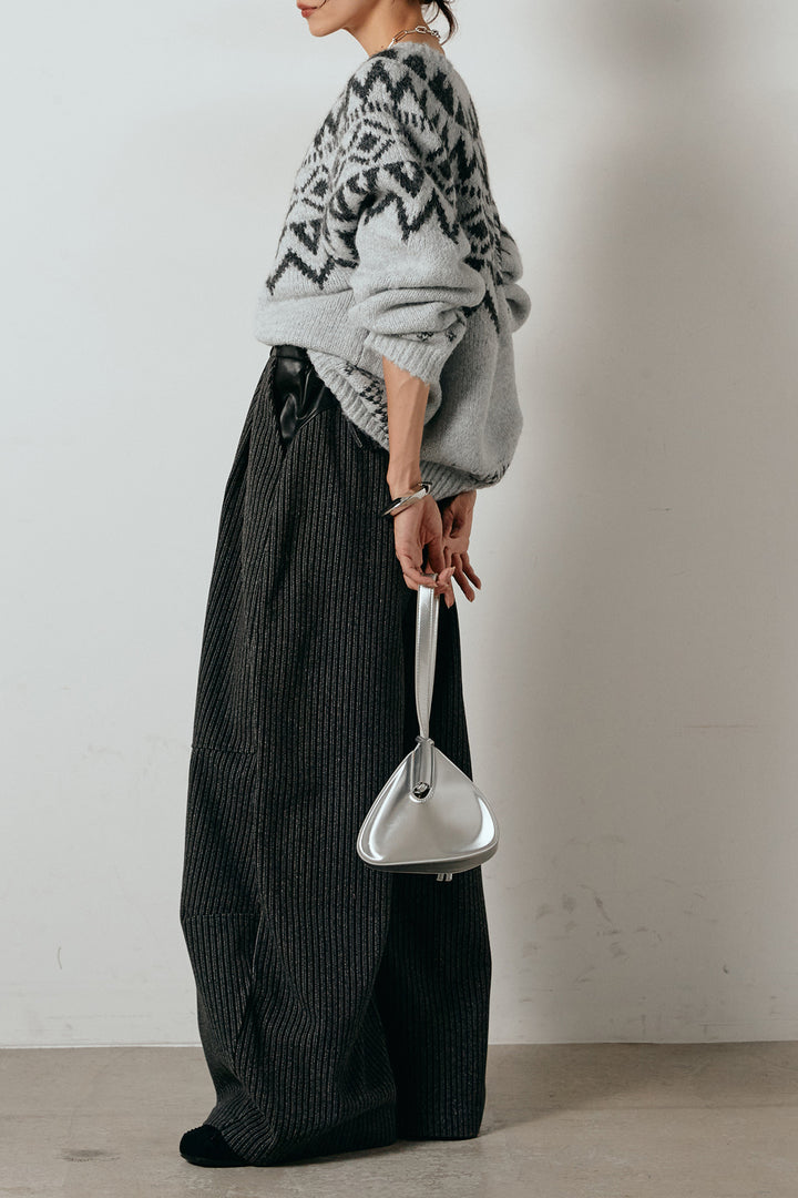 [SET]ノルディック柄Uネックプルオーバー+レザーライク配色ストライプパンツ(2set)