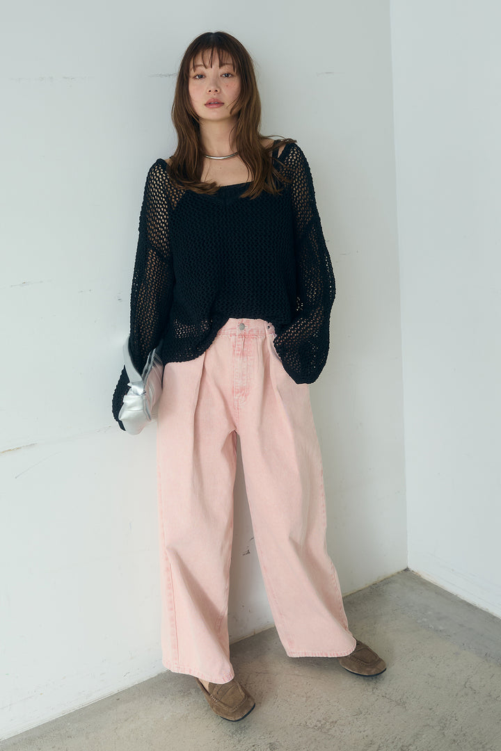 [SET]メッシュ編みビスチェセットVネックプルオーバー+カラーデニムタックカーブパンツ(2set)