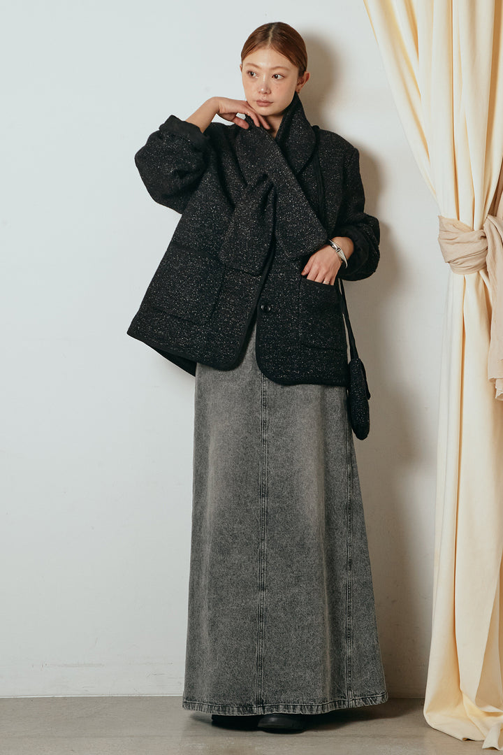 [SET]ノーカラーマフラーバッグ付きアウター+デニムロングフレアスカート(2set)