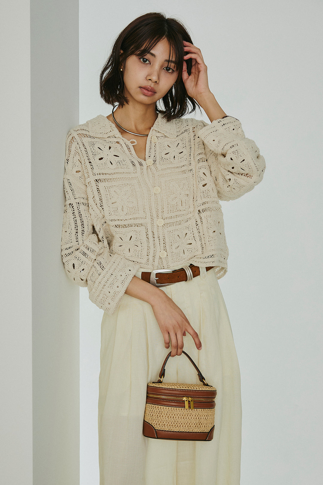 [SET]鍵編みフラワーレースカーディガン+タック入りワイドパンツ(2set)