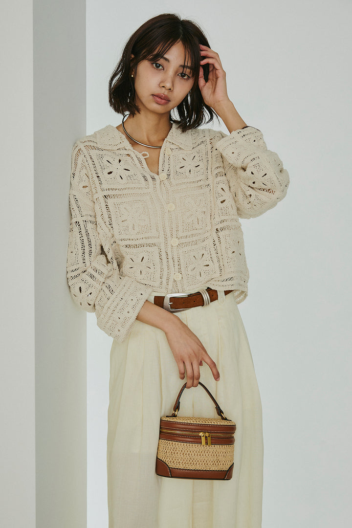 [SET]鍵編みフラワーレースカーディガン+タック入りワイドパンツ(2set)