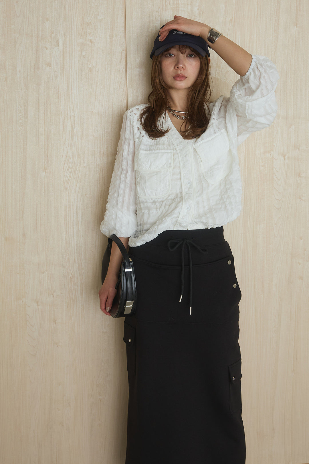 [SET]異素材切替シアーメッシュカーディガン+ドットボタン付きカットタイトスカート(2set)