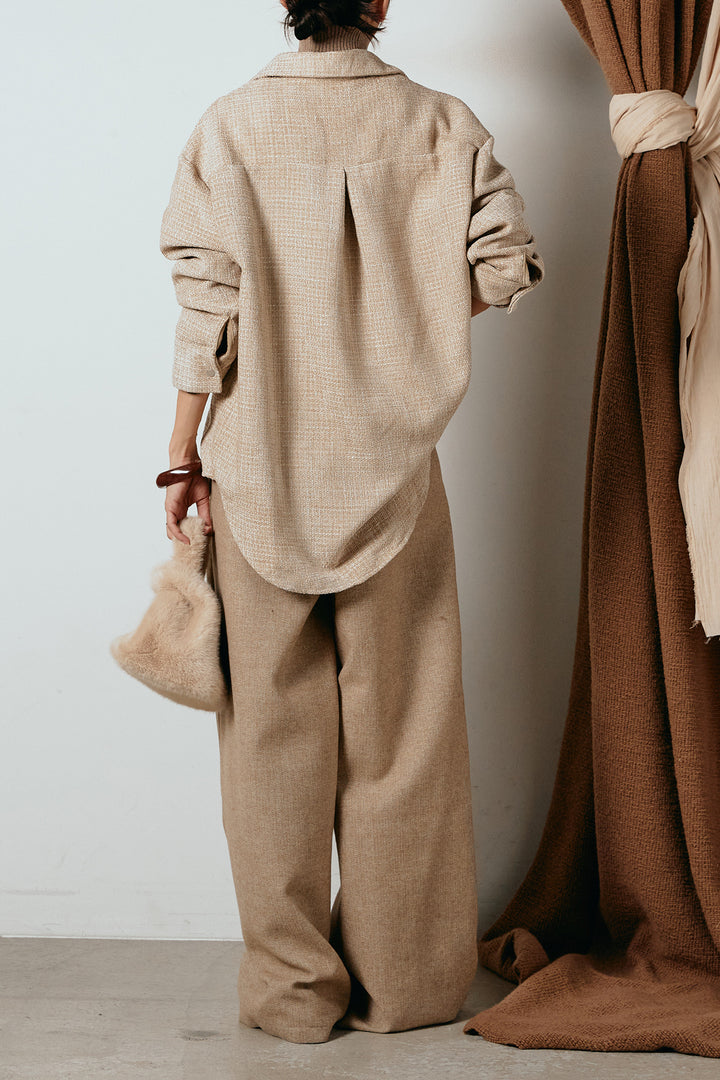 [SET]ルーズクラッシュツイルシャツ+サイドボタンツイードタックパンツ(2set)