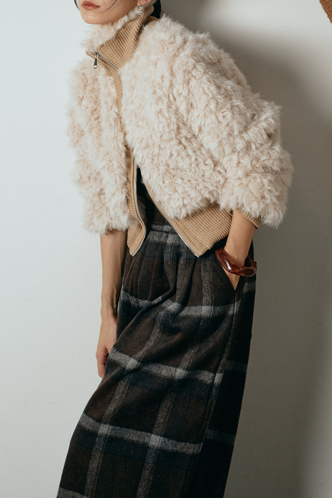 [SET]ハイネックショート丈ボアジップブルゾン+起毛タータンチェック柄ワイドパンツ(2set)