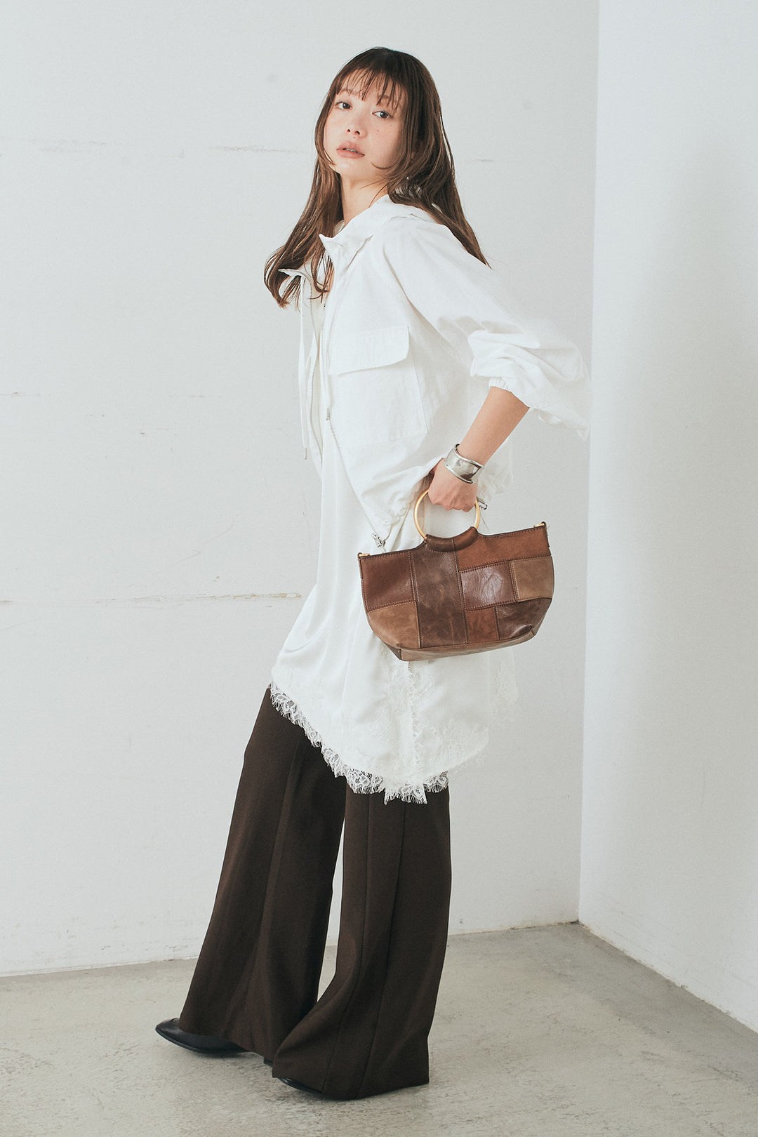 [SET]ナイロンボリュームWジップパーカーブルゾン+細編みベルト付きパンツ(2set)