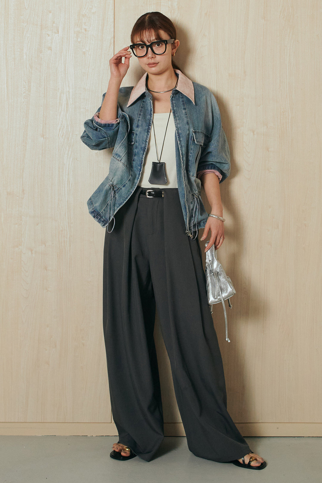 [SET]襟付き配色デニムブルゾン+ビックベルトループタックベルト付きワイドパンツ(2set)