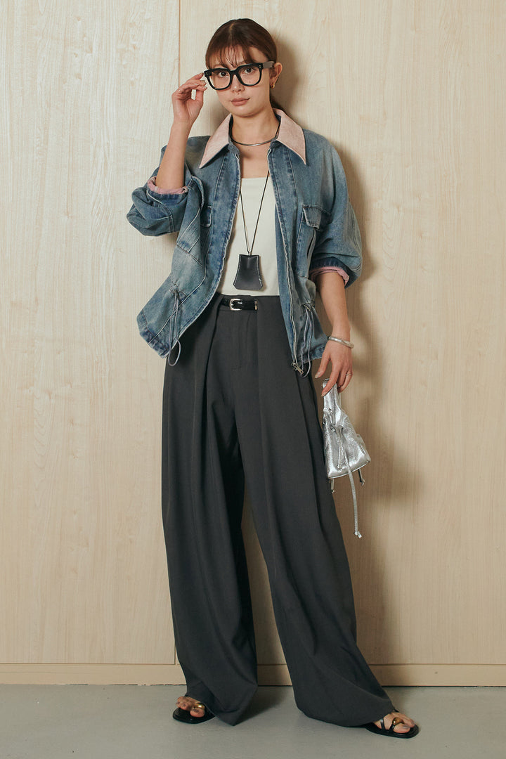 [SET]襟付き配色デニムブルゾン+ビックベルトループタックベルト付きワイドパンツ(2set)