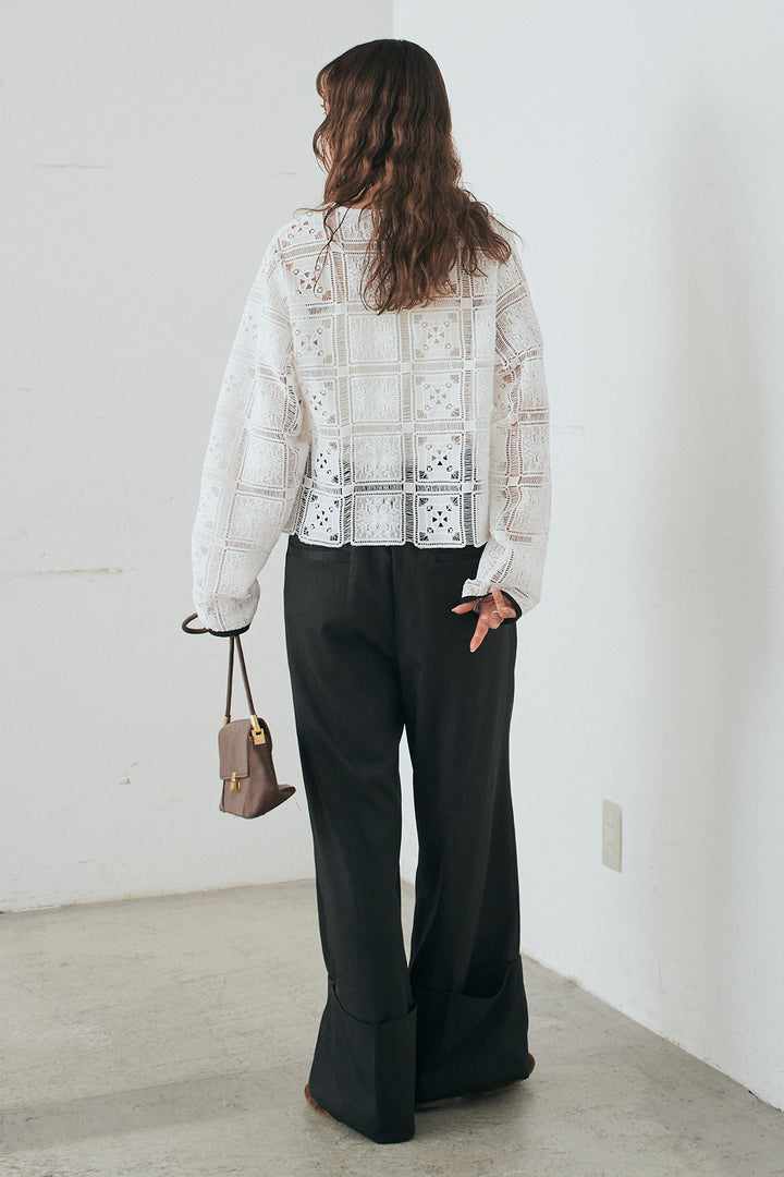 [SET]クロシェレースカーディガン+センタープレスセミワイドパンツ(2set)