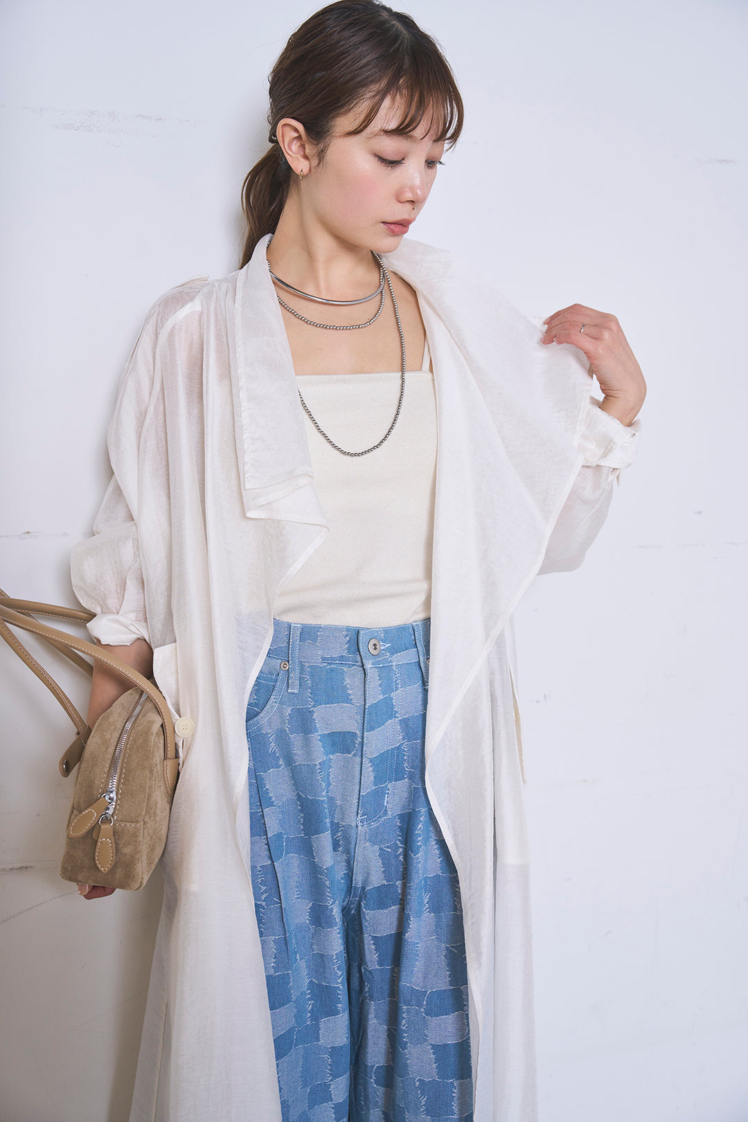 [SET]ロングシアーアウター+パッチワーク風デニムワイドパンツ(2set)