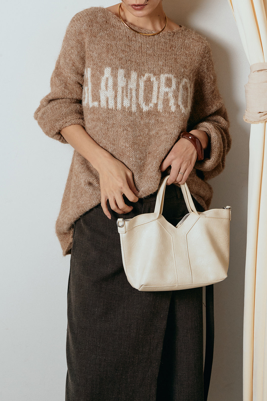 [SET]フロントロゴデザインニットトップス+ラップ巻きワイドスラックス(2set)