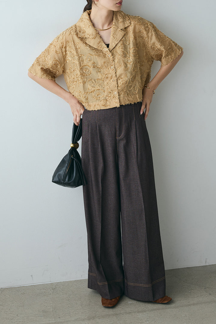 [SET]半袖オープンカラージャガード柄シャツ+ステッチデザインベルトワイドパンツ(2set)