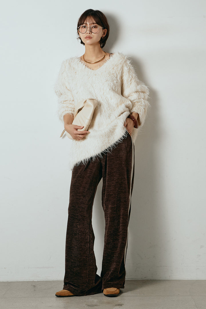 [SET]深Vネックシャギーニットトップス+リラックスサイドラインベロアワイドパンツ(2set)