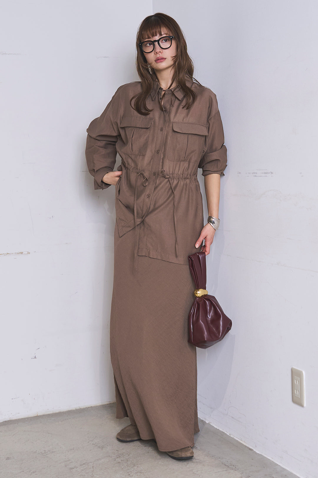 [SET]リネンブレンドシアーサファリシャツ+リネンブレンドロングナロースカート(2set)