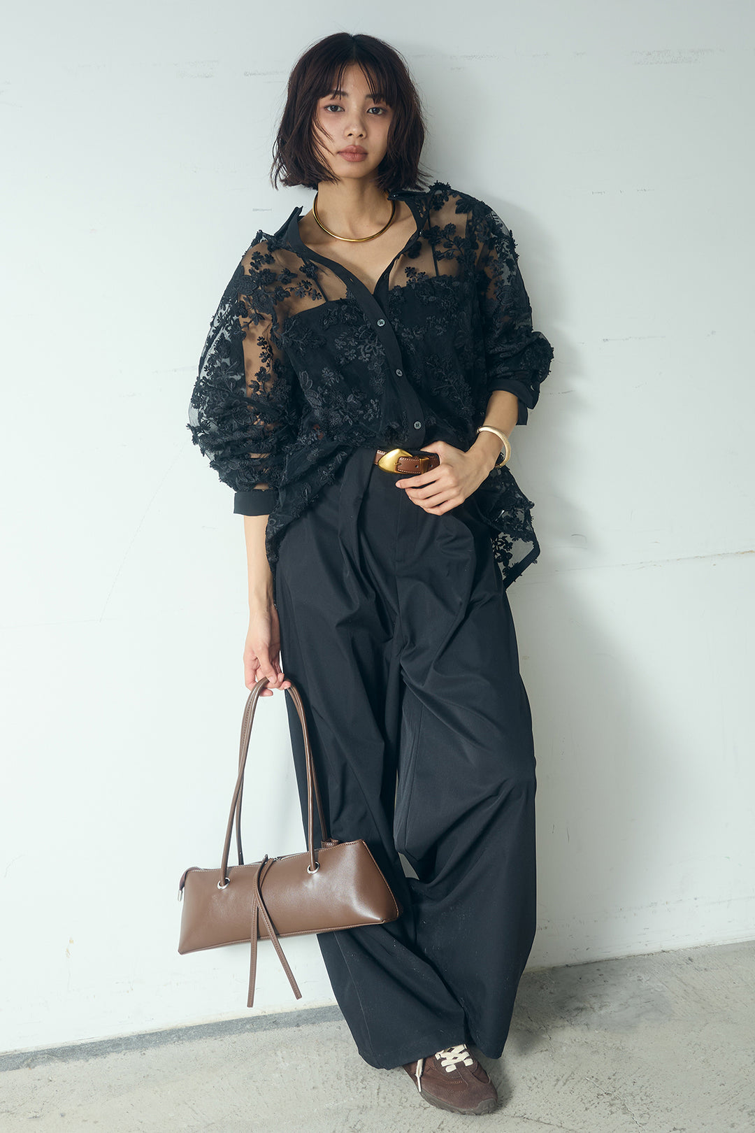 [SET]立体フラワー刺繍レースシャツ+ベルトループデザインハイウエストタックパンツ(2set)