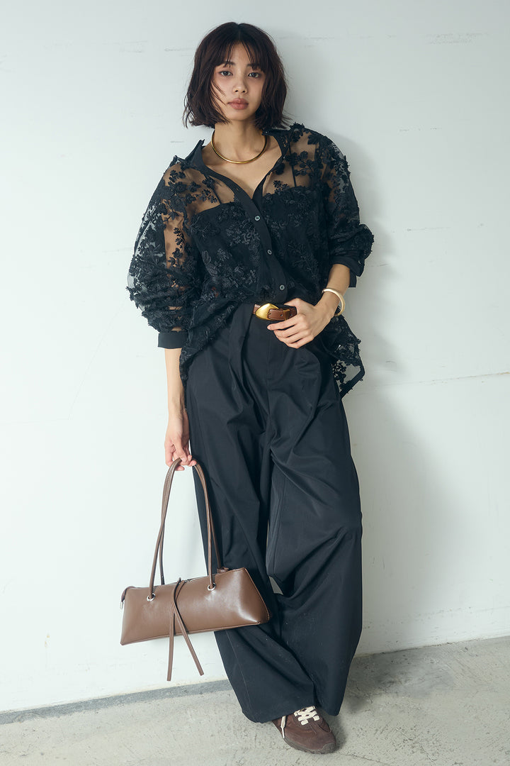 [SET]立体フラワー刺繍レースシャツ+ベルトループデザインハイウエストタックパンツ(2set)