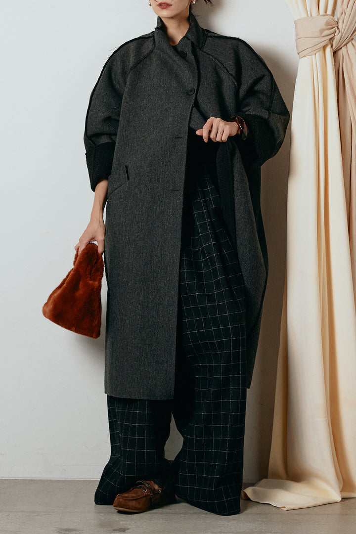 [SET]裏地ボアハイネックロングアウター+ウールライクチェックタックパンツ(2set)