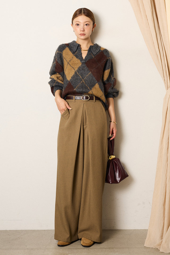 [SET]アクリルモヘアアーガイルキーネックプルオーバー+フロントワイドタックネップ入ワイドパンツ(2set)