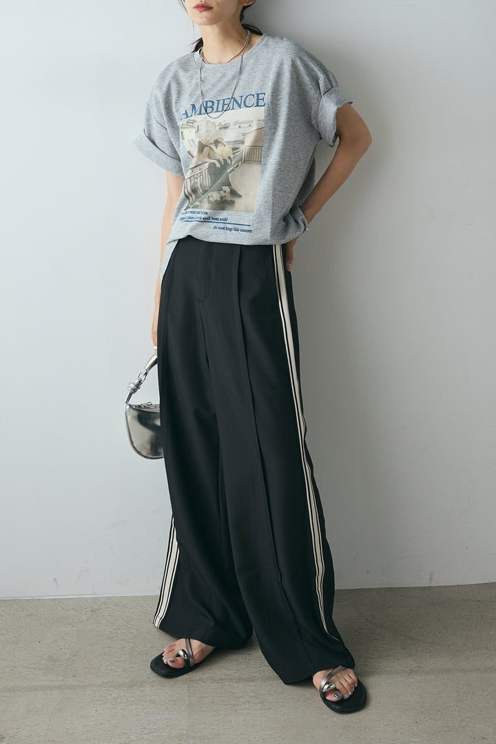 [SET]AMBIENCEフォトプリントTシャツ+サイドラインワイドスラックスパンツ(2set)