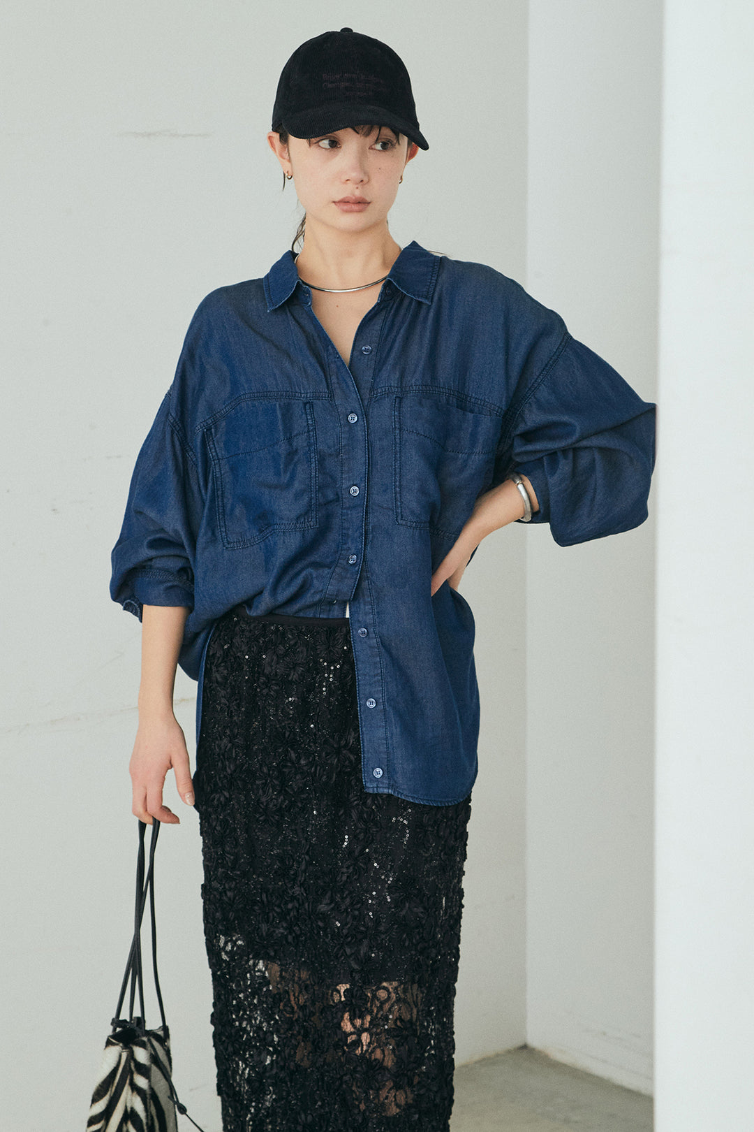 [SET]テンセルデニムシャツ+ラメ刺繍デザインスカート(2set)