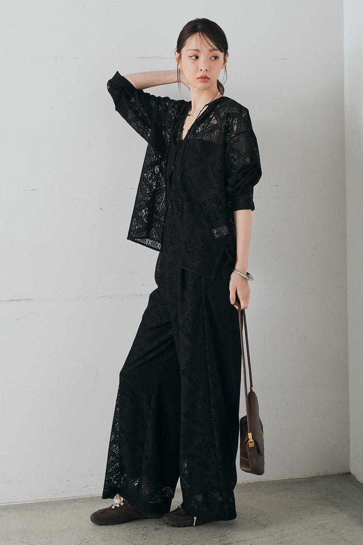 [SET]ブロックレースフード付きブラウス+リラックスブロックレースワイドパンツ(2set)