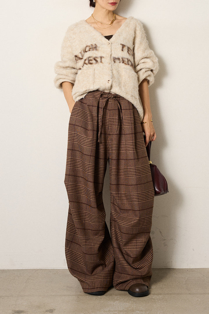 [SET]ウール混透かしロゴニットカーディガン+グレンチェックルーズタックパンツ(2set)