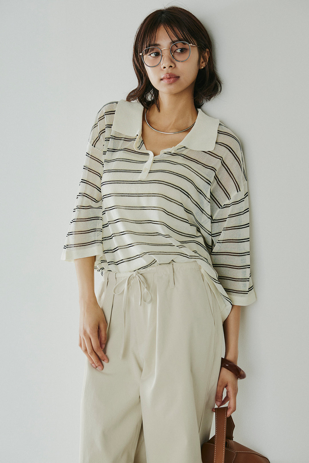 [SET]ボーダーニットポロシャツ+ニーサイドタックウエストドロスパンツ(2set)