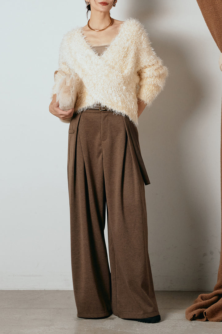 [SET]シャギークロスニットトップス+細ベルト付き起毛タックワイドパンツ(2set)