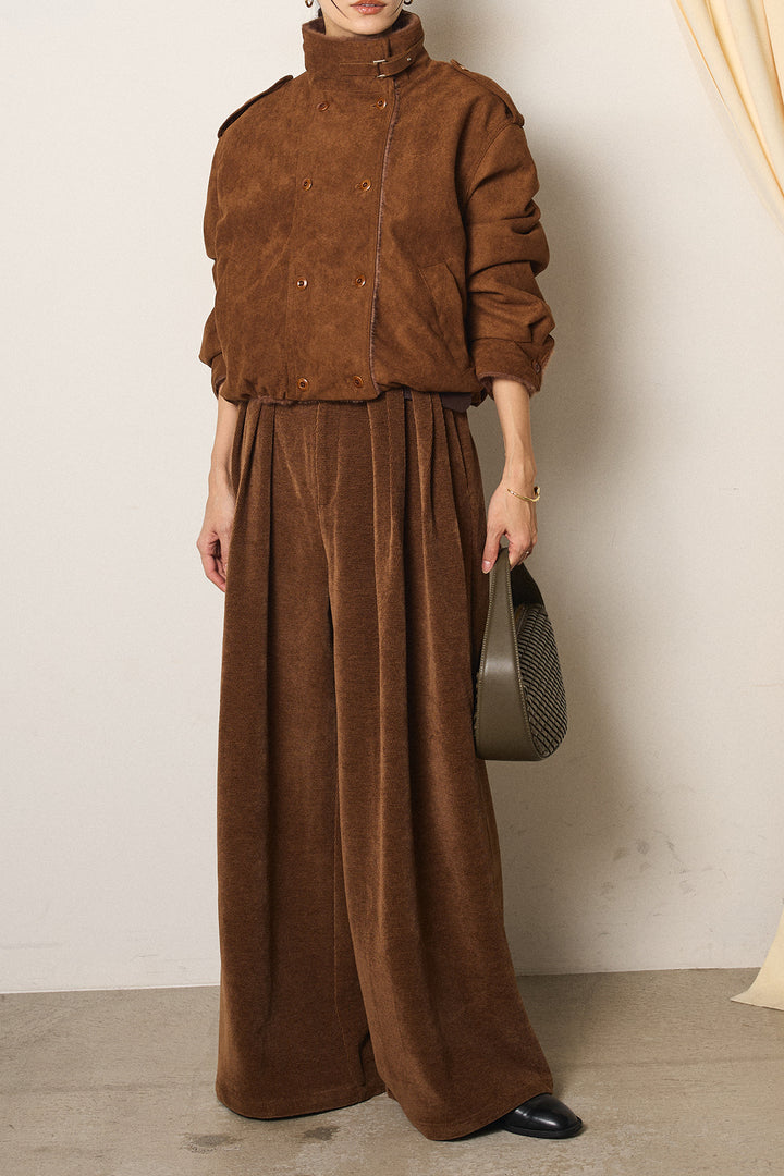 [SET]スタンド襟スウェードライクアウター+ベルトループコーデュロイワイドパンツ(2set)