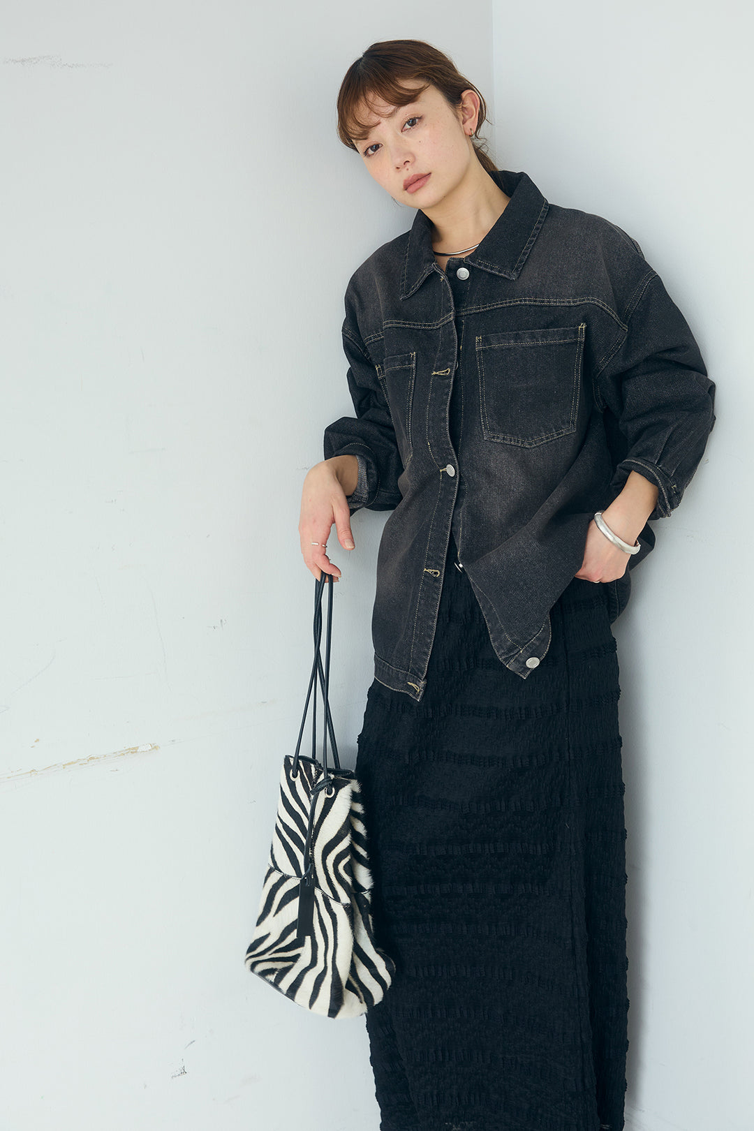 [SET]デニムオーバーサイズジャケット+ジャガードカットソータイトスカート(2set)