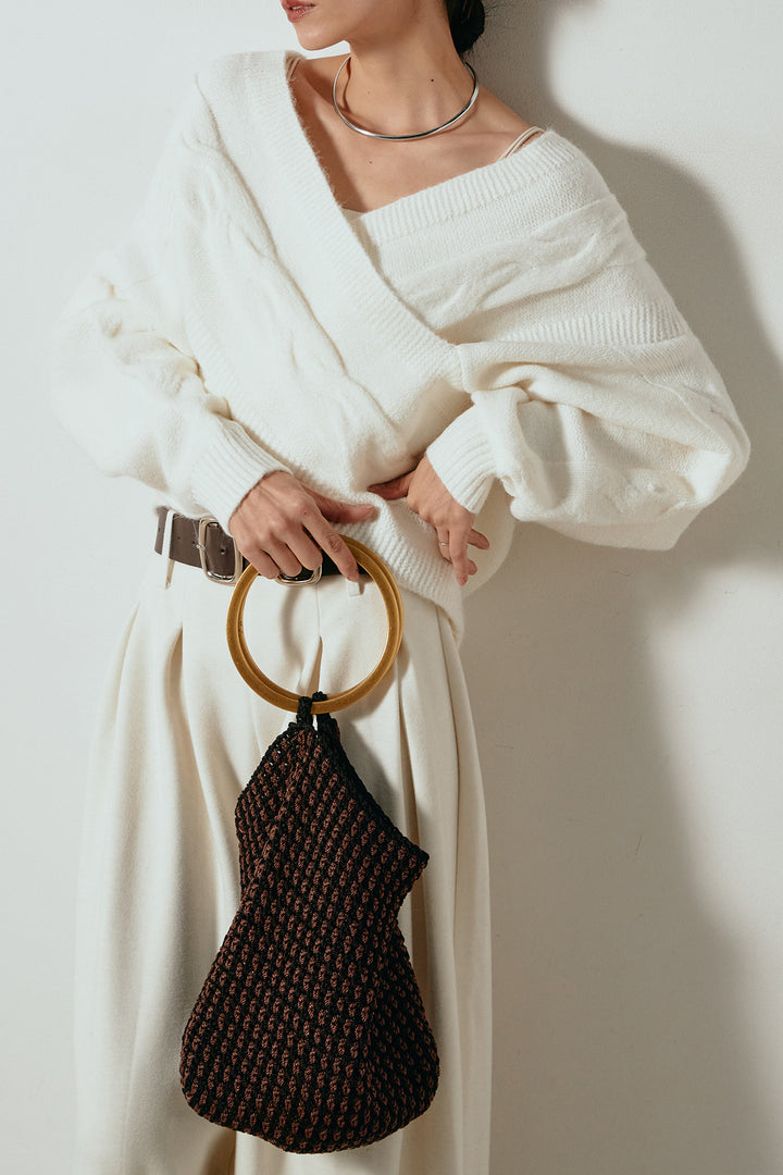 [SET]ケーブルカシュクールニットトップス+フェイクレザー太ベルト付きタックワイドパンツ(2set)