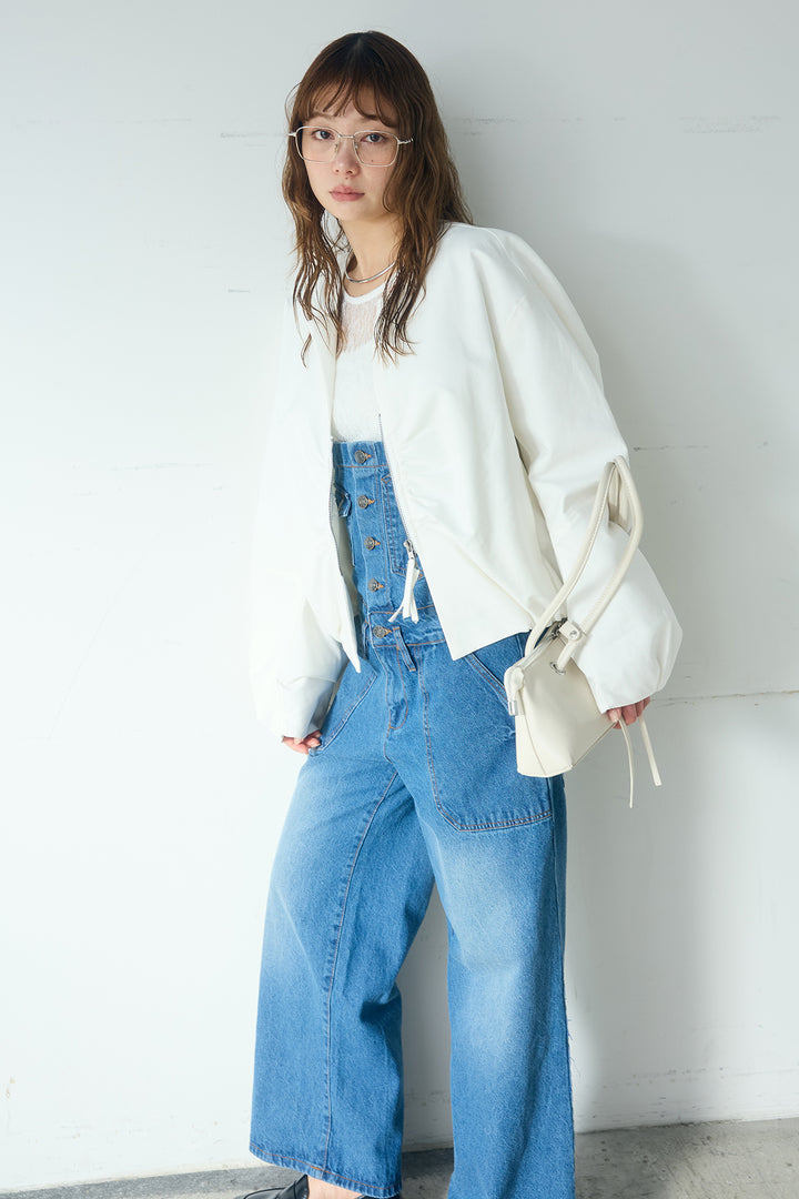 [SET]ノーカラーフロントギャザージップアウター+デニムサロペットワイドパンツ+ストレッチレースクルーネックインナー(3set)