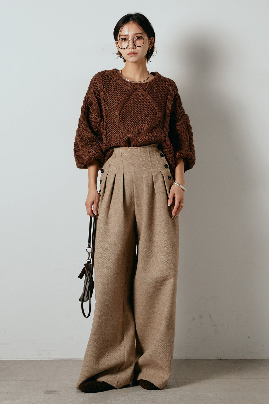 [SET]ロービングケーブルショート丈プルオーバー+サイドボタンツイードタックパンツ(2set)