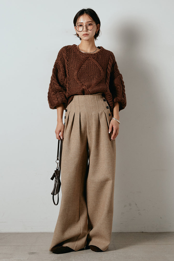 [SET]ロービングケーブルショート丈プルオーバー+サイドボタンツイードタックパンツ(2set)