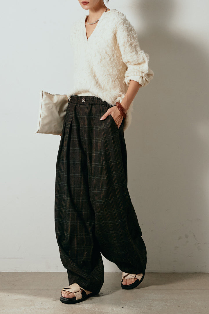 [SET]襟付きシャギーニットポロトップス+タータンチェック柄タックパンツ(2set)