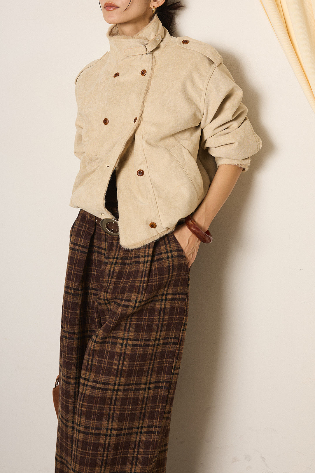 [SET]スタンド襟スウェードライクアウター+スタッズデザインベルトタータンチェックパンツ(2set)