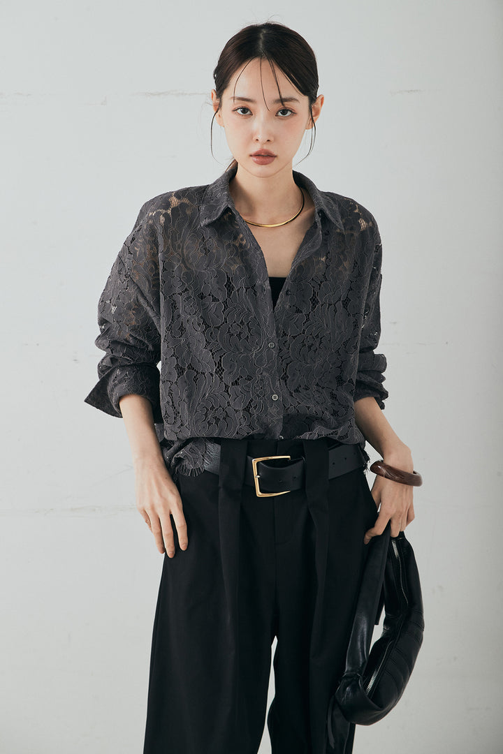 [SET]レース裾スカラップシャツ+ベルトループデザインハイウエストタックパンツ(2set)