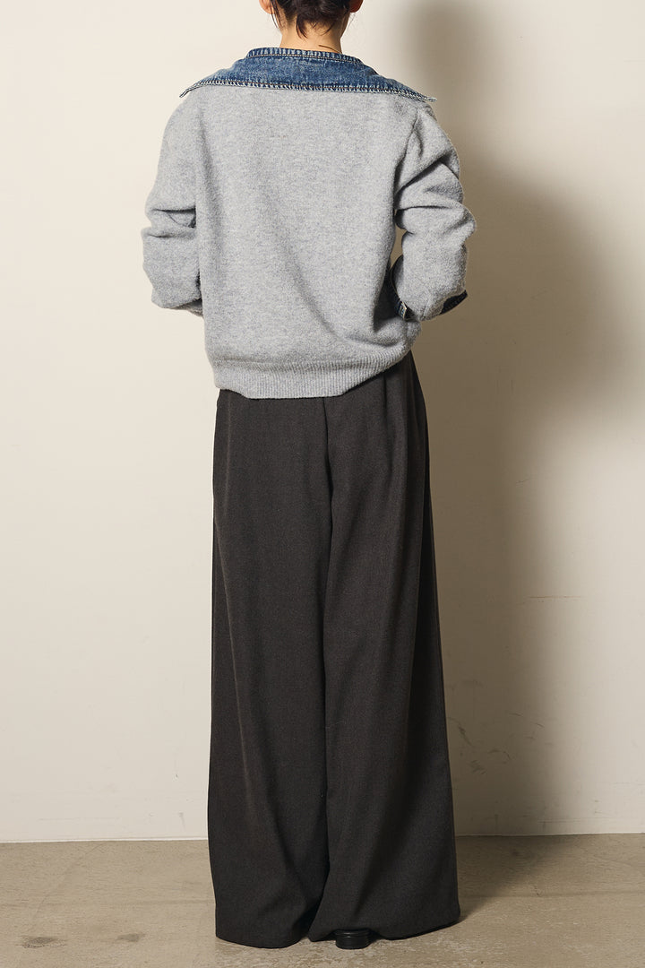 [SET]ニットドッキングデニムシャツ+フェイクレザーサイドベルトワイドパンツ(2set)