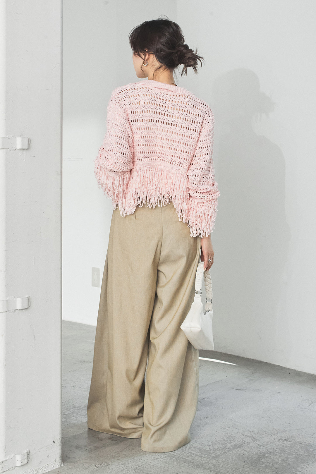[SET]メッシュフリンジカーディガン+編みベルト付きウエストタックワイドパンツ(2set)